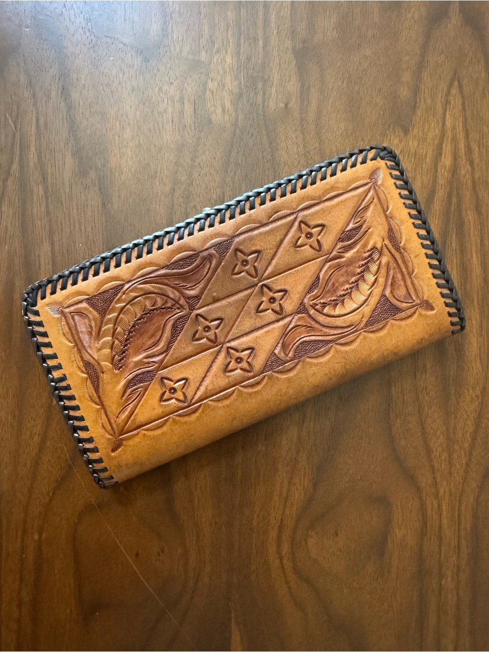 Hand-Tooled Tan Leather Wallet with Decorative Stitching Vintage